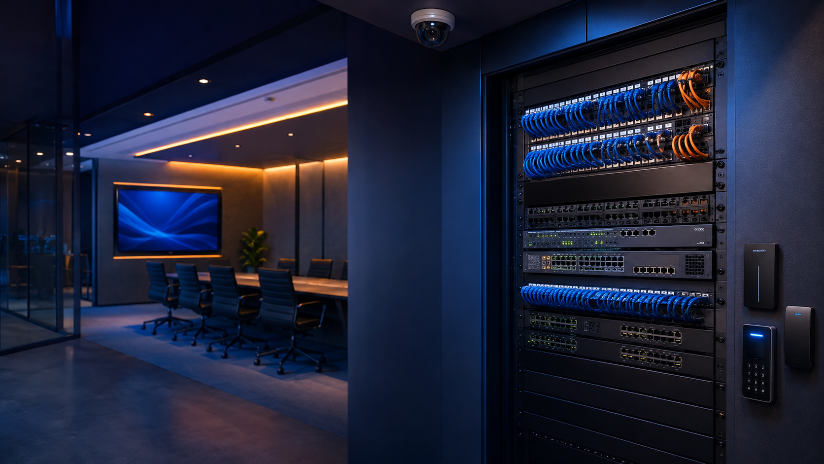 Integrated network, security, access control and audio visual systems in a modern workplace